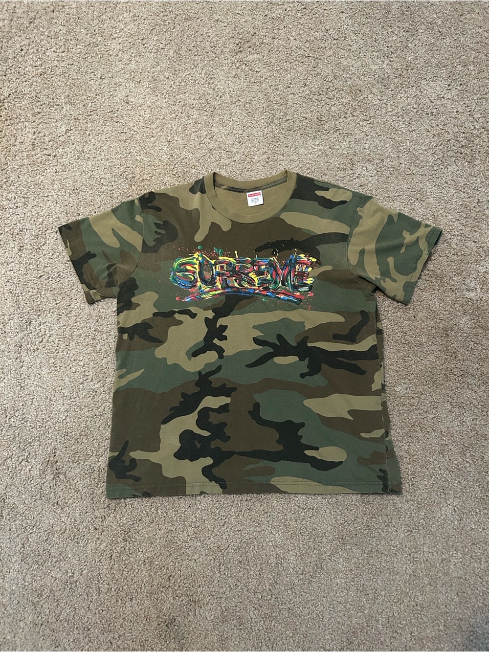 Supreme Paint Logo Tee Woodland Camo Men Size Medium Graffiti Graphic Print SS20